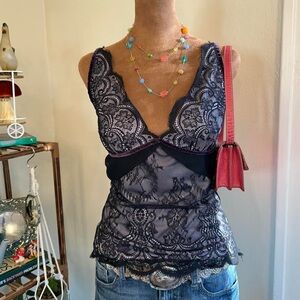 Y2K Lilac Purple & Black Lace Tank Top w Velvet Straps by Moda International